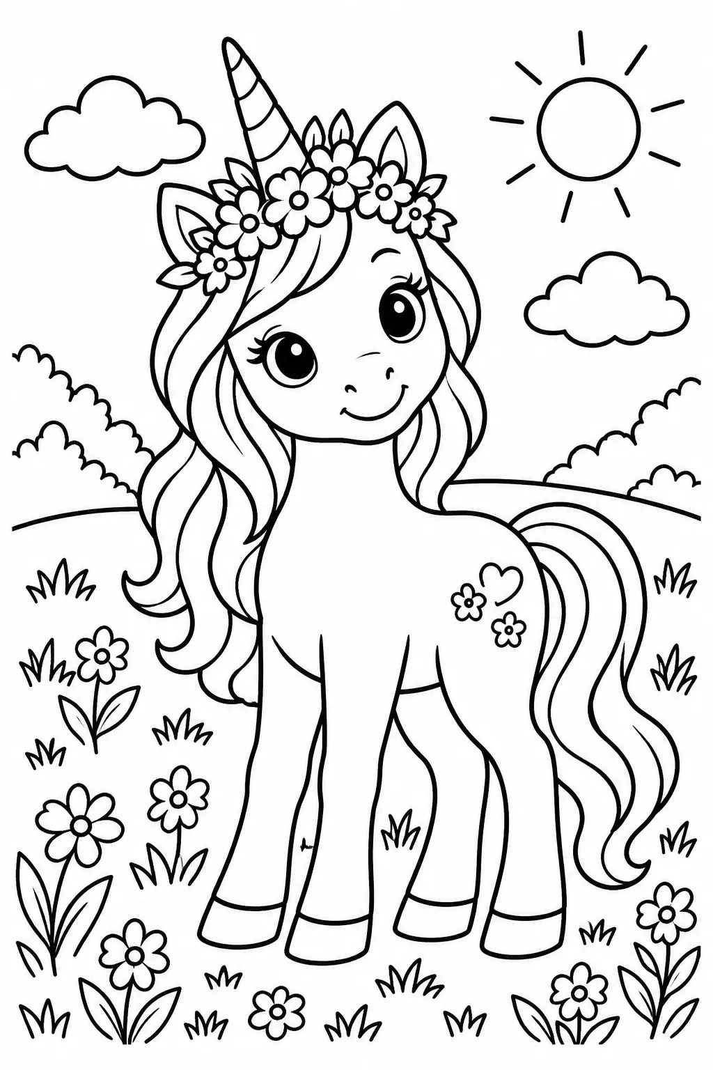 A unicorn with a flower crown in a meadow coloring page