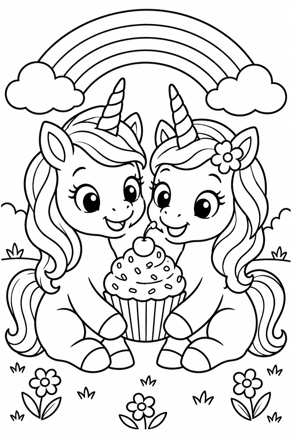 Two unicorns sharing a cupcake coloring page