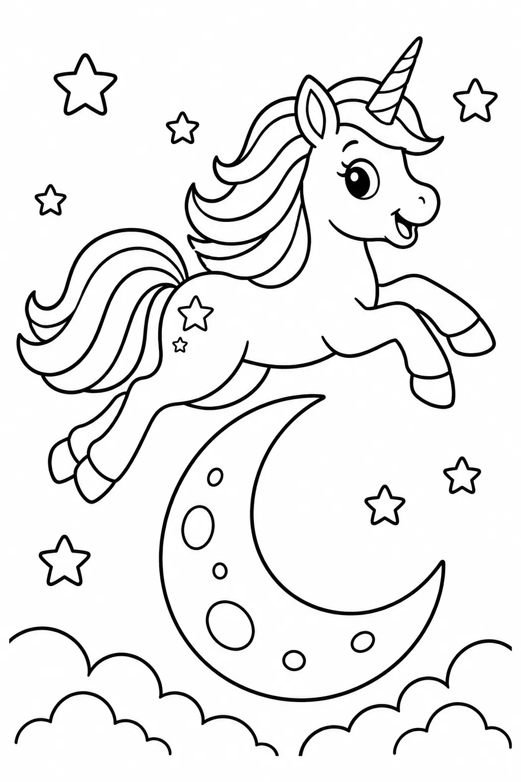 A unicorn jumping over the moon coloring page