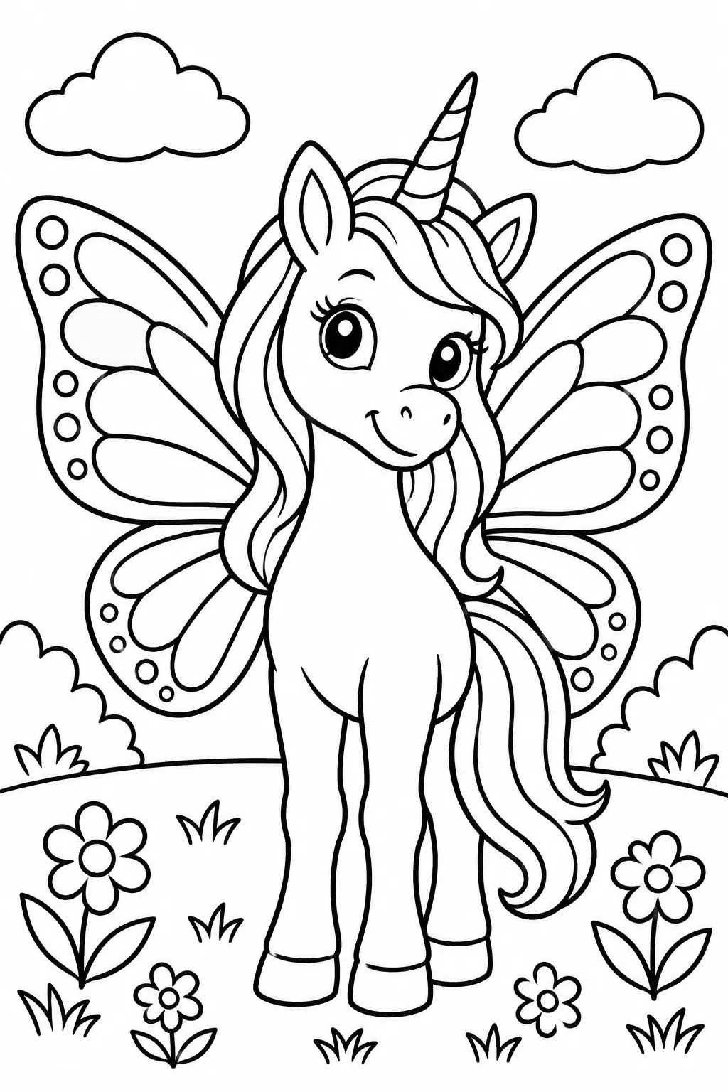 A unicorn with butterfly wings coloring page