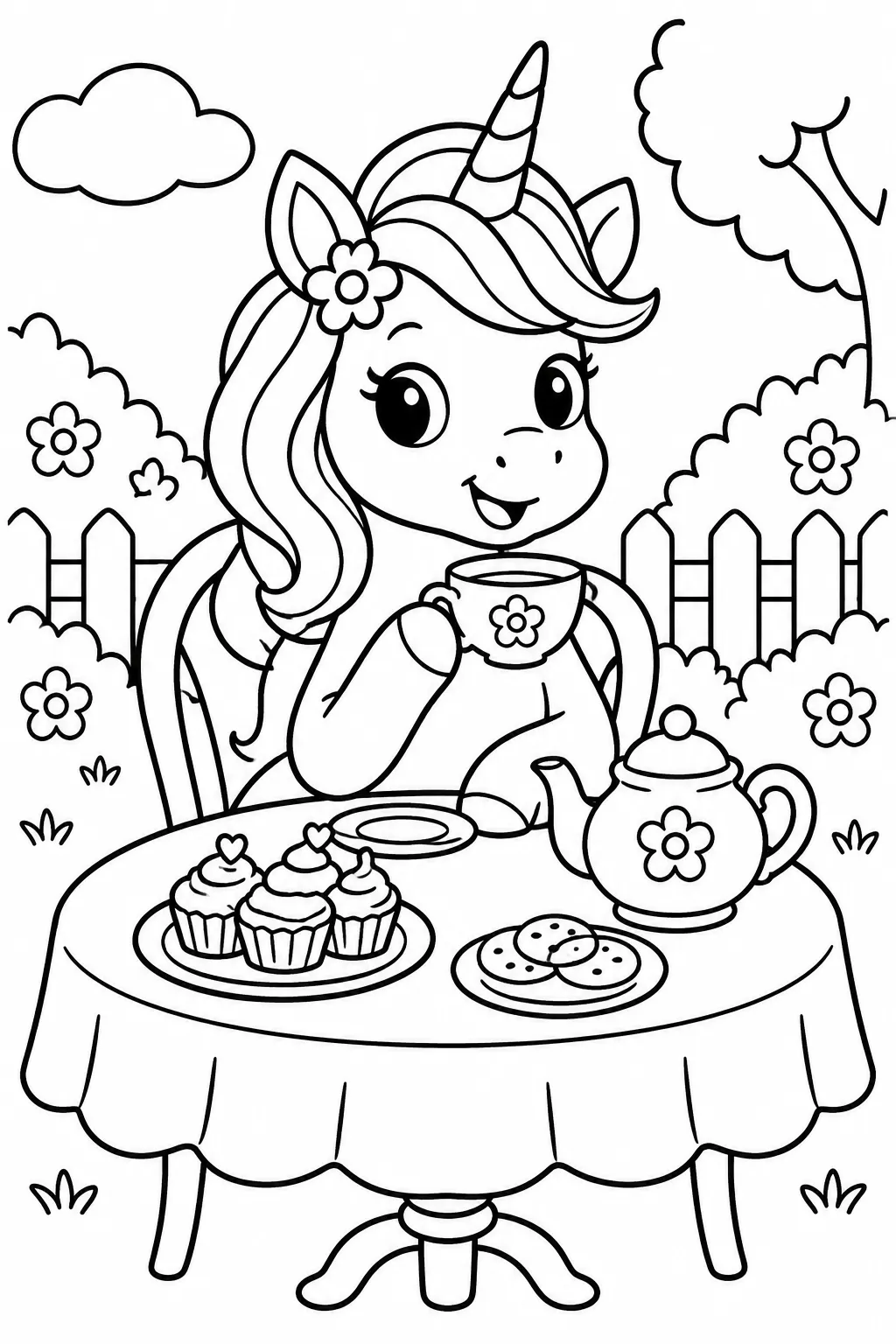 A unicorn having a tea party coloring page