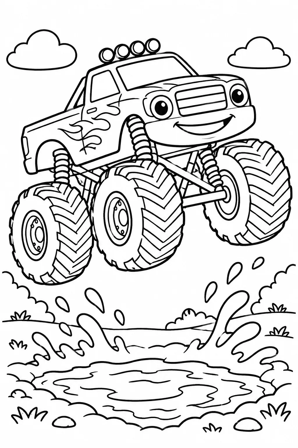 A giant monster truck jumping a mud pit coloring page