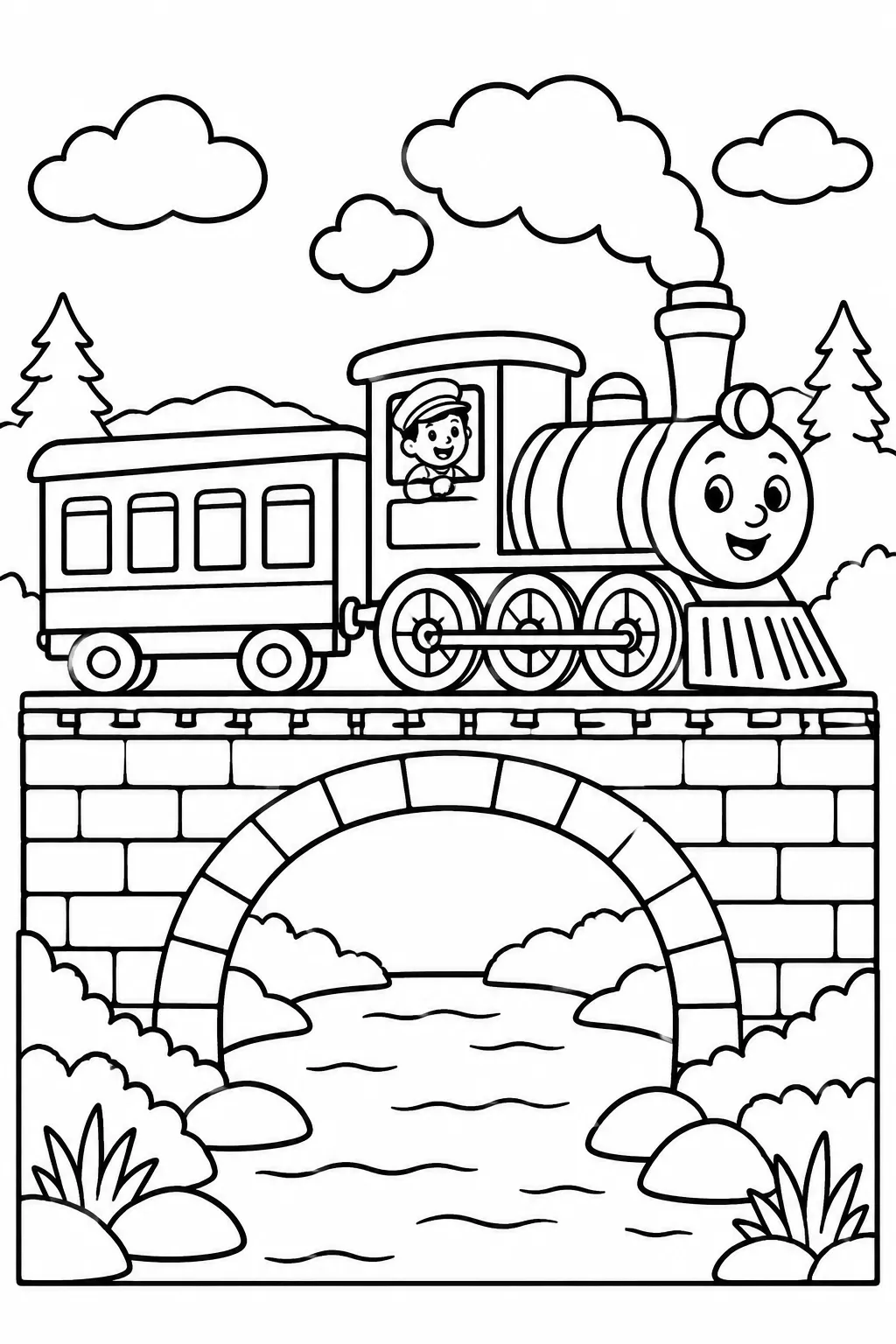 A train going over a bridge coloring page
