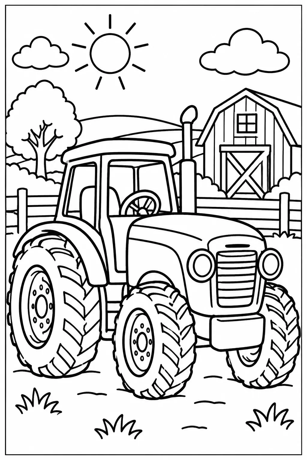 A tractor on a farm coloring page