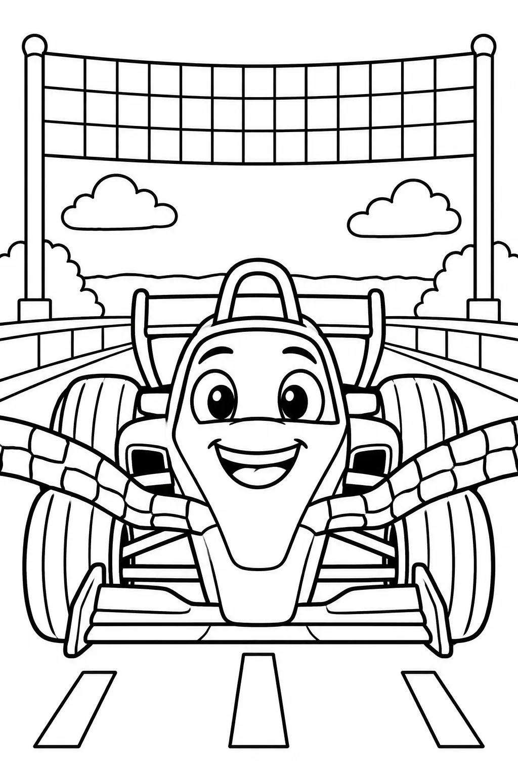 A race car crossing the finish line coloring page