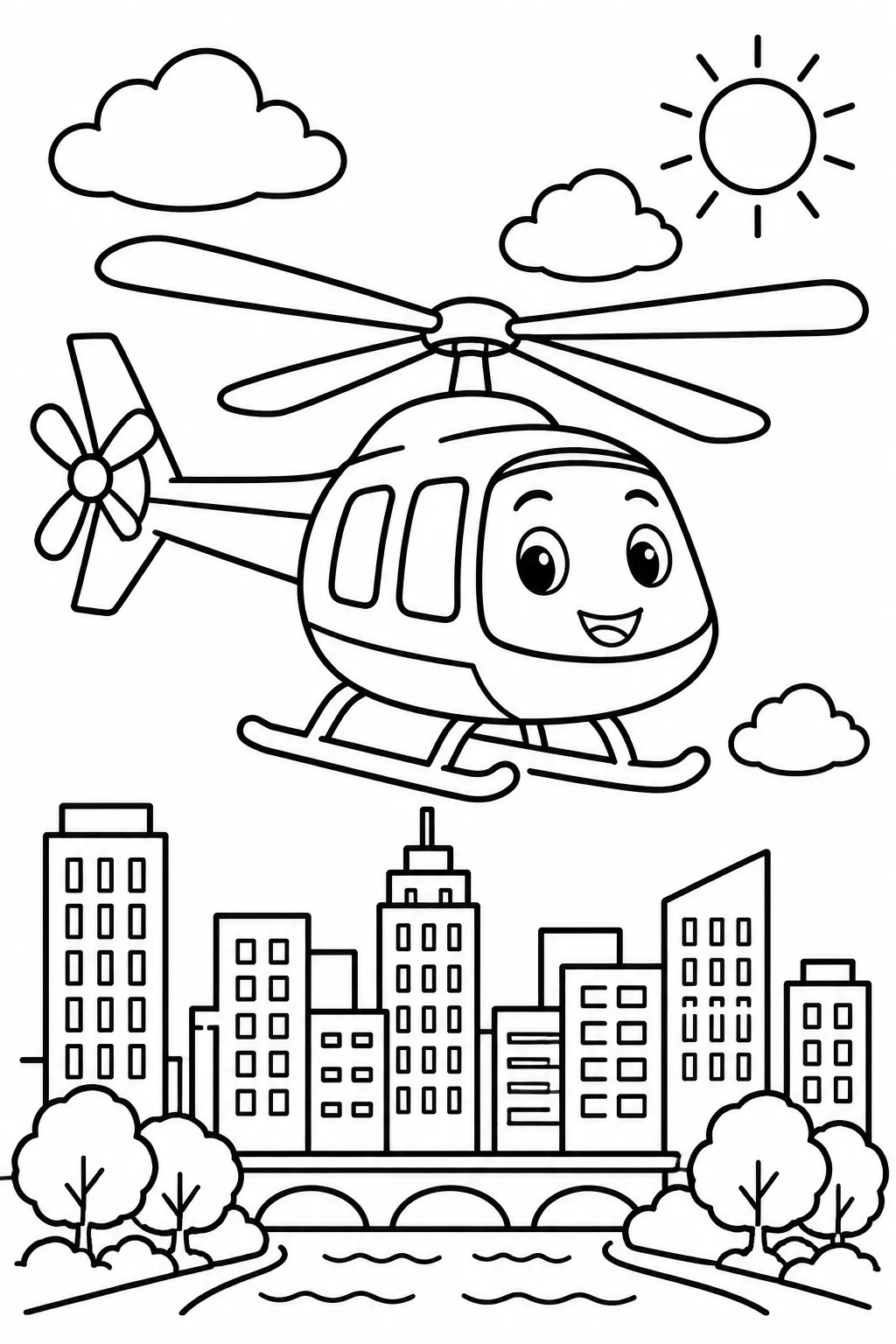 A helicopter flying over the city coloring page