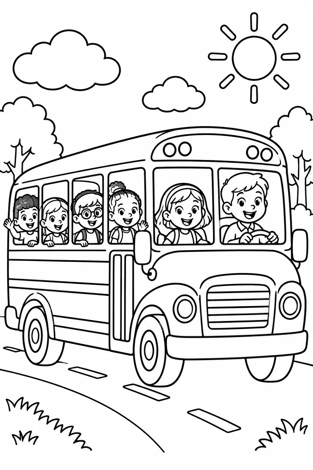 A school bus full of happy kids coloring page