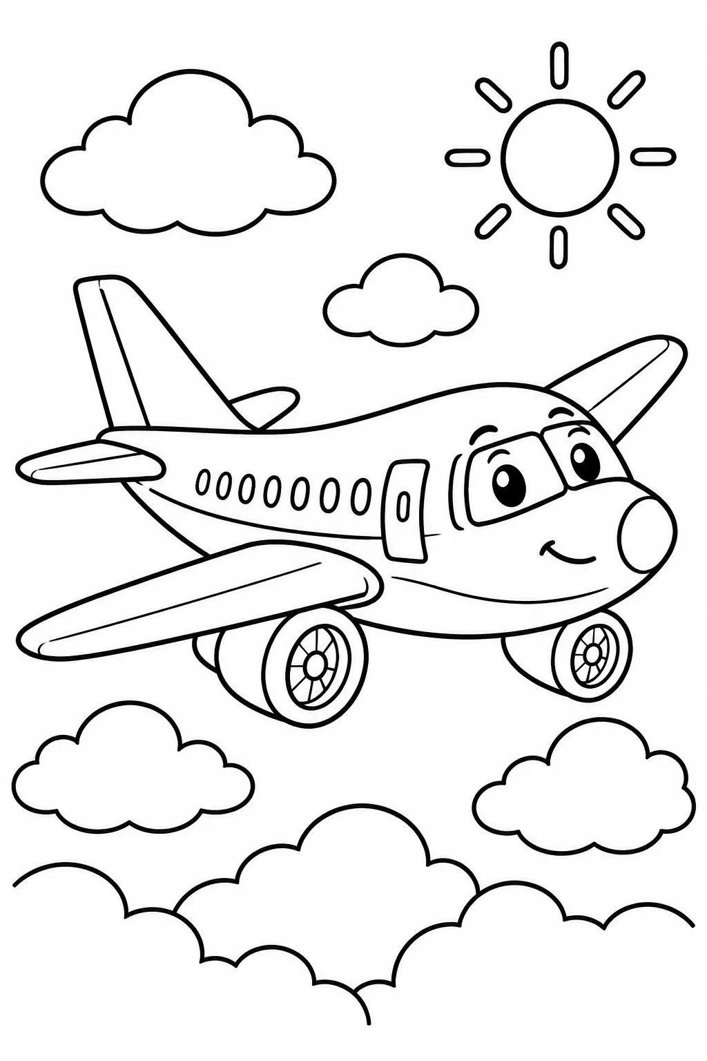 An airplane flying above the clouds coloring page
