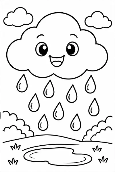 A happy cloud with raindrops coloring page
