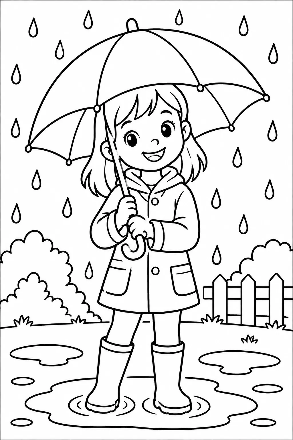A kid with an umbrella in the rain coloring page