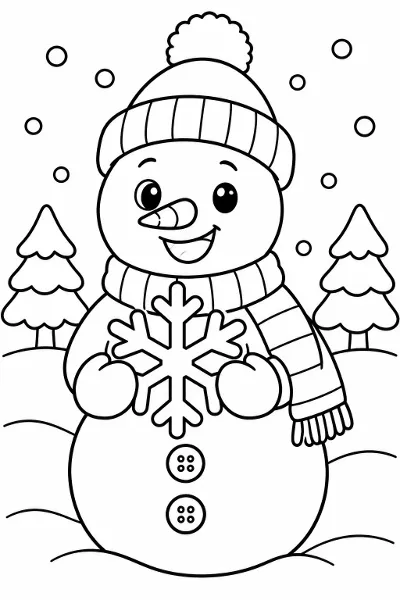 A snowflake and snowman coloring page