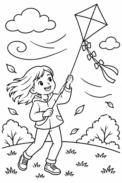 A windy day with a kite coloring page