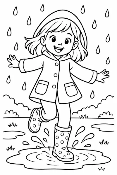 Puddle jumping in rain boots coloring page