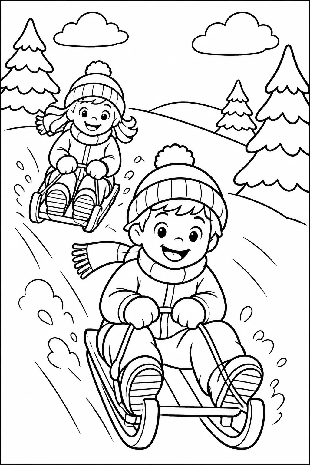 Kids sledding down a snowy hill coloring page
