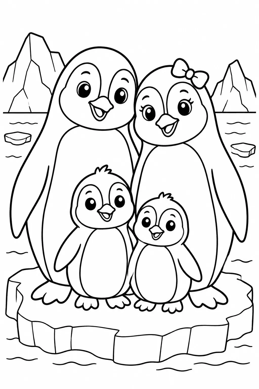 A penguin family on the ice coloring page
