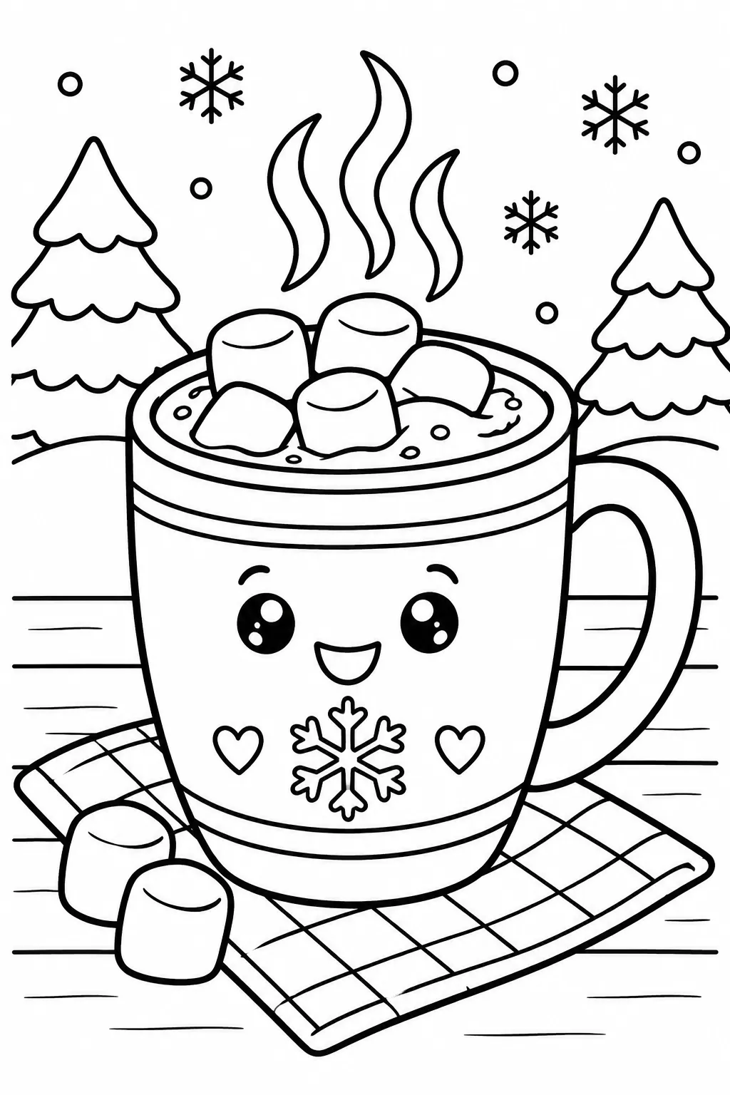 A cup of hot cocoa with marshmallows coloring page