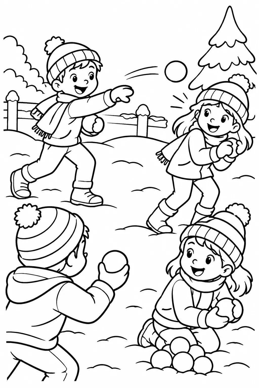Kids having a snowball fight coloring page