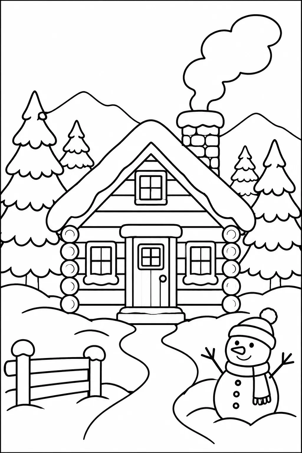 A cozy cabin in the snowy woods coloring page