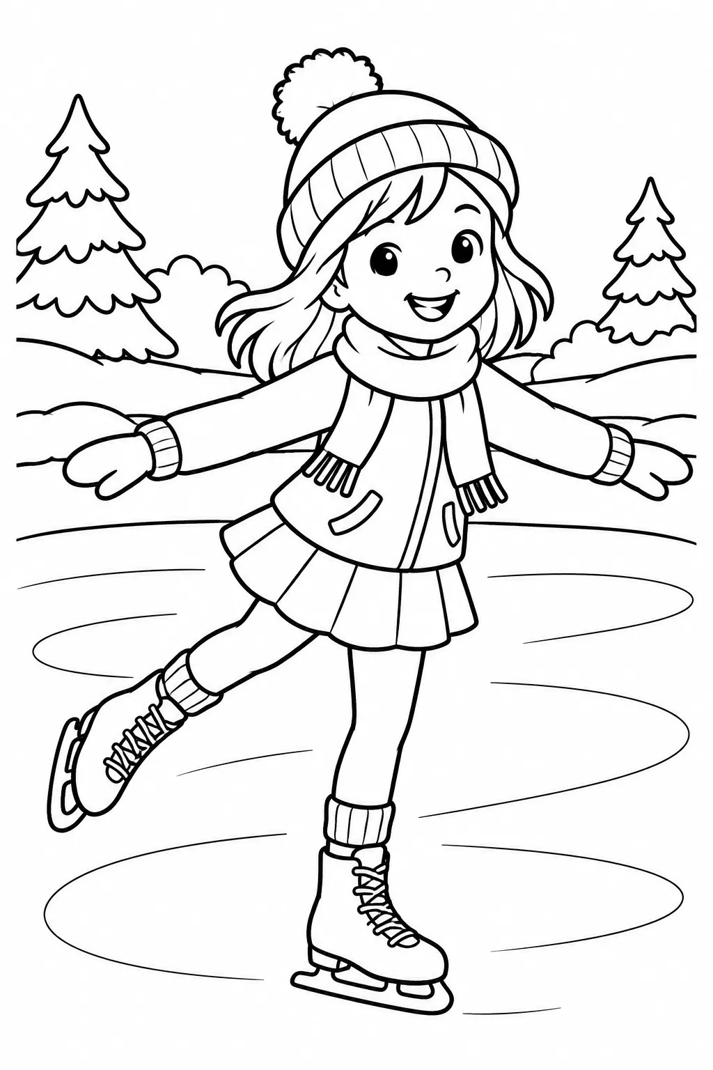 A girl ice skating on a frozen pond coloring page